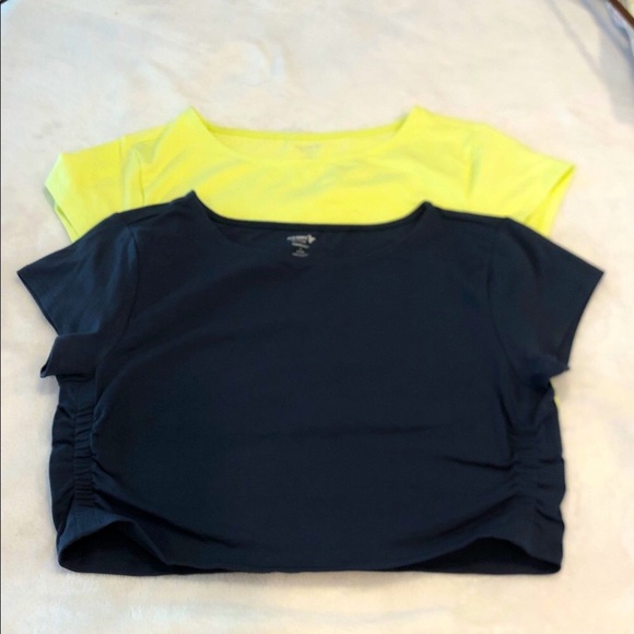 Old Navy cropped top set Navy Yellow Short Sleeve ruched sides scoop neck SZ LG - Picture 1 of 7